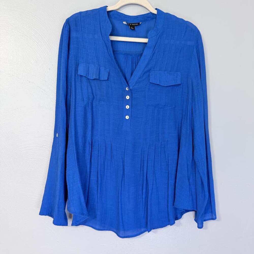 Zac & Rachel Blue V-Neck Long Sleeve Roll Tab Button Up Blouse Size L